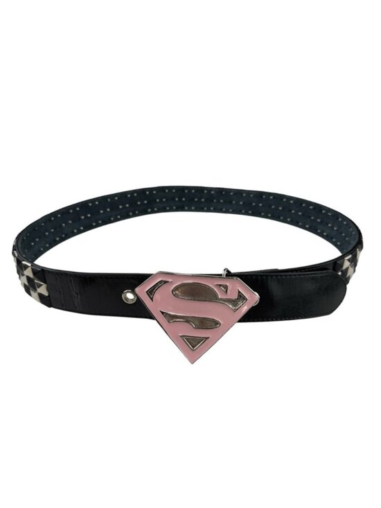 Studded Leather Belt with Pink Superman Buckle Size Medium Y2K main image 5
